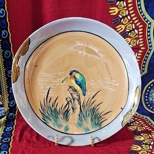 Handpainted Ceramic Luster Ware Handled Plate Featuring a Kingfisher